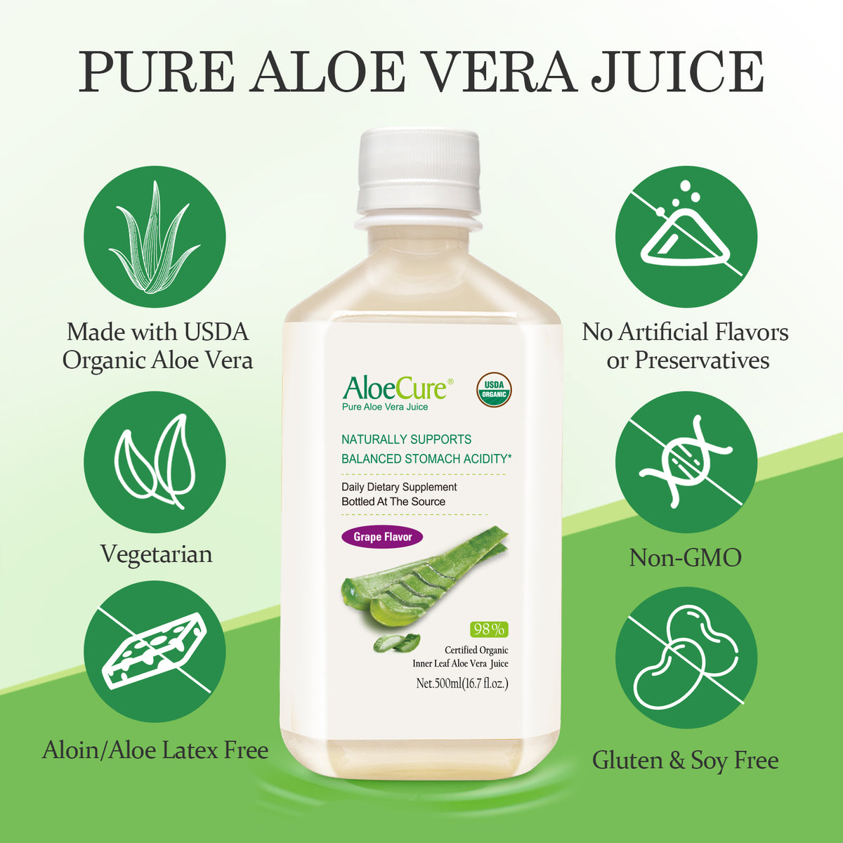 Pure Aloe Vera Juice Grape Flavor - USDA Certified Organic