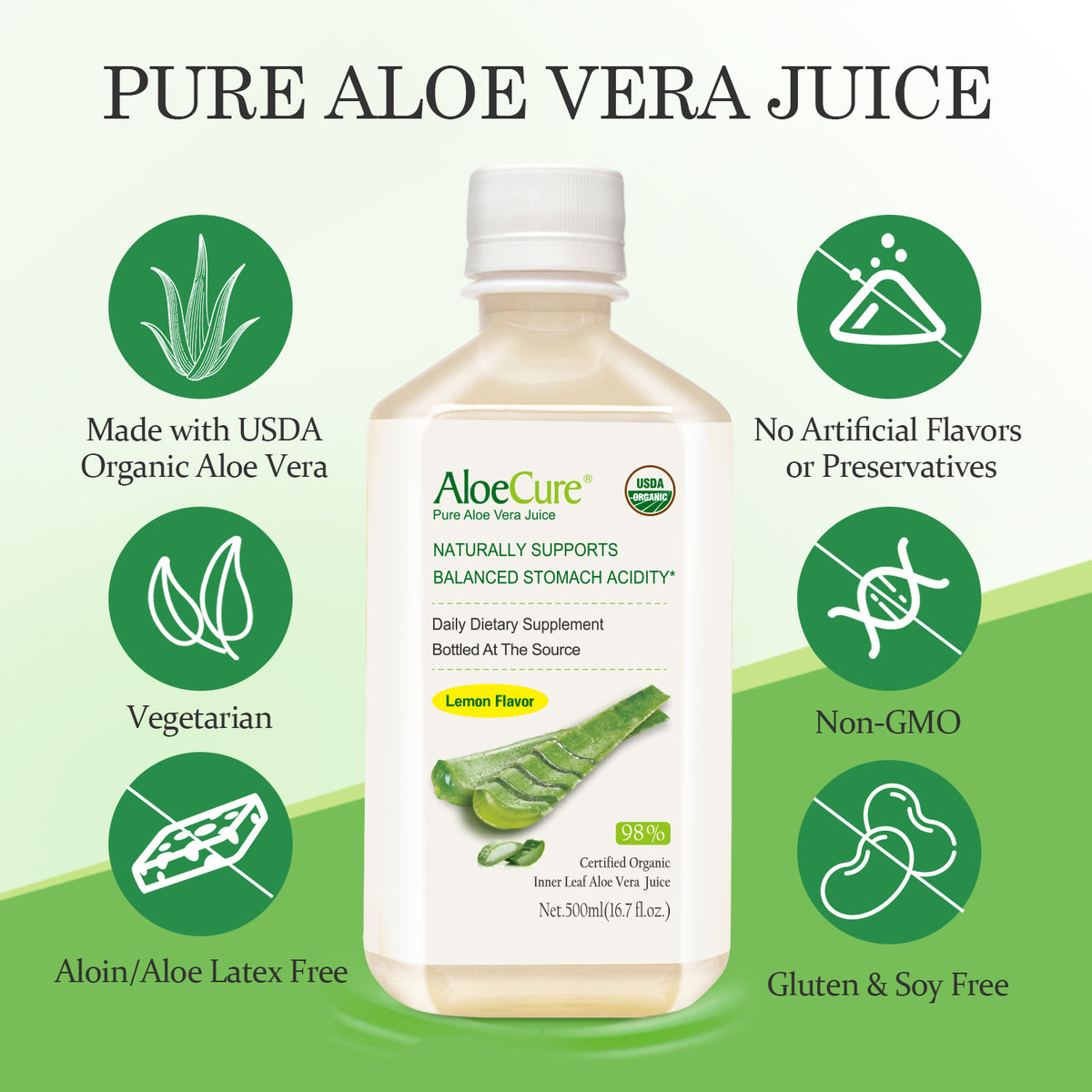 Pure Aloe Vera Juice Lemon Flavor - USDA Certified Organic