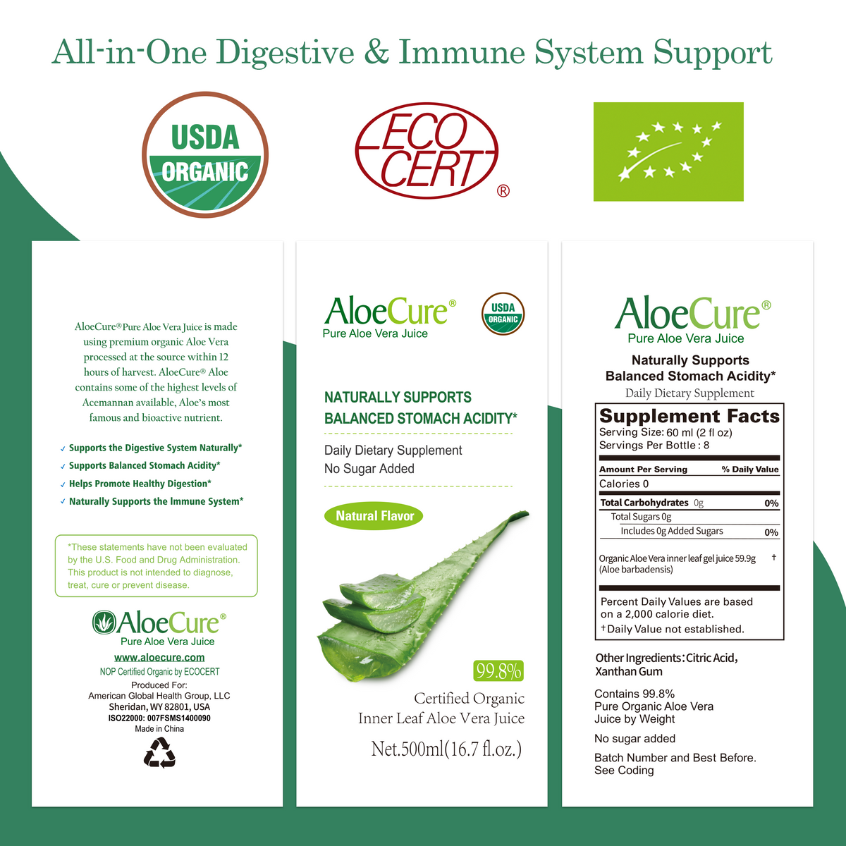 Pure Aloe Vera Juice Natural Flavor - USDA Certified Organic