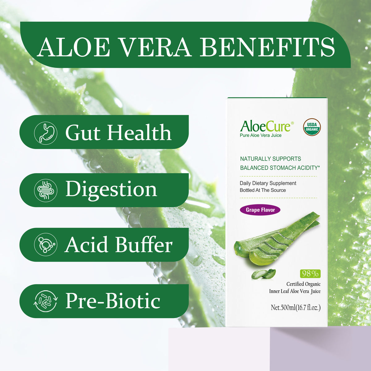 Pure Aloe Vera Juice Grape Flavor - USDA Certified Organic