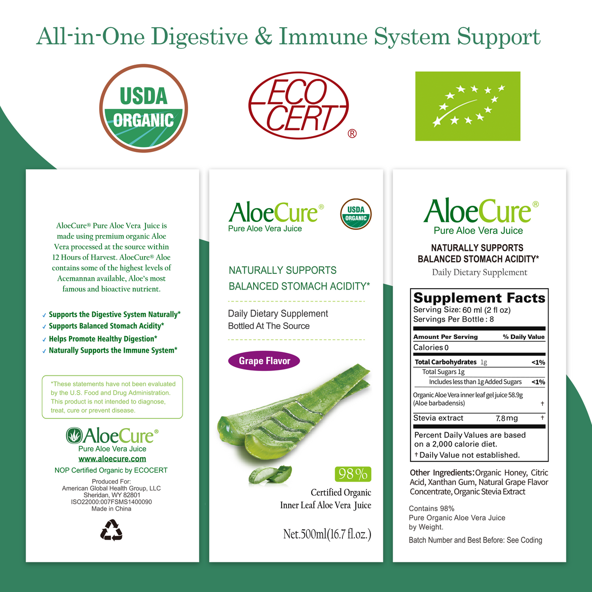 Pure Aloe Vera Juice Grape Flavor - USDA Certified Organic