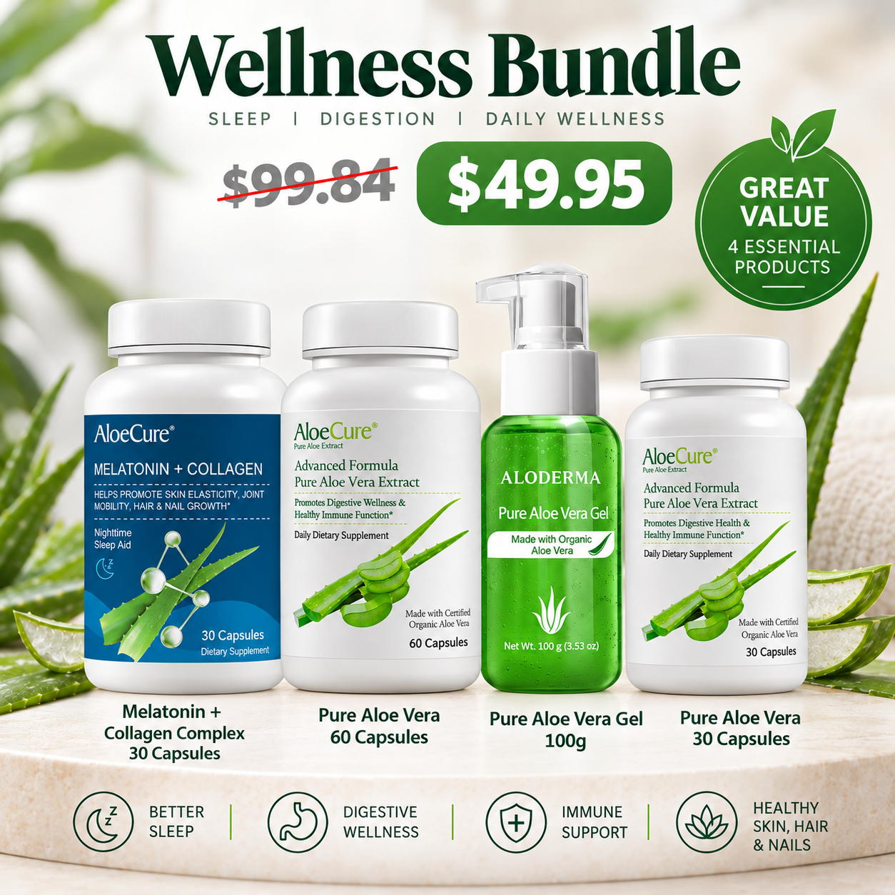Pure Aloe Vera Wellbeing Bundle - Immune System, Sleep Support, Skin Hydration