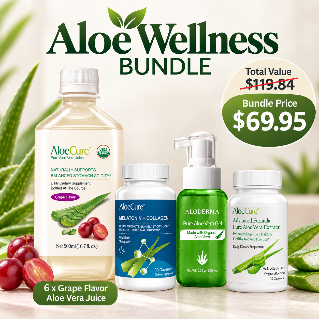 Total Wellness Support Bundle - Immune System, Digestion, Sleep Support and Skin Hydration