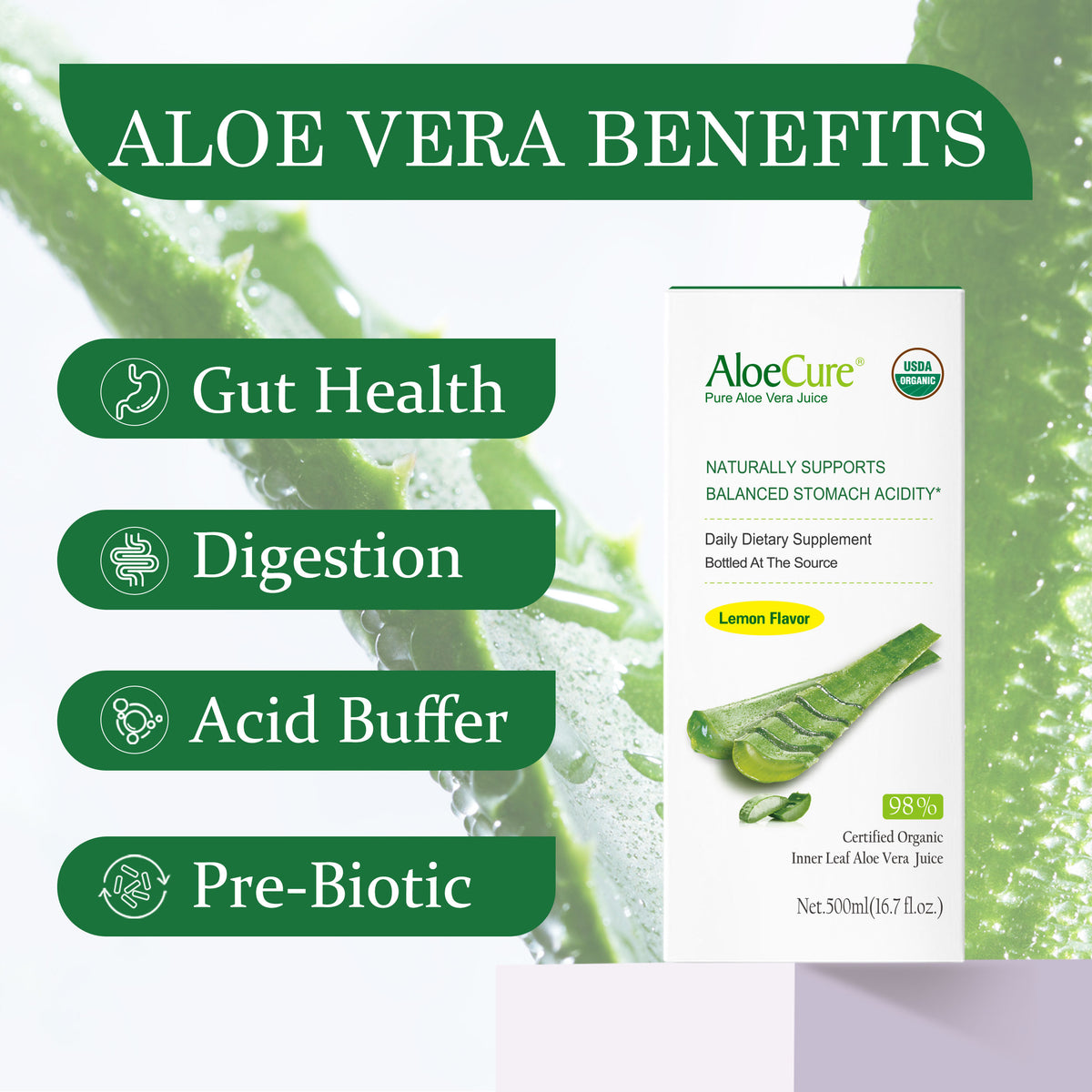 Pure Aloe Vera Juice Lemon Flavor - USDA Certified Organic