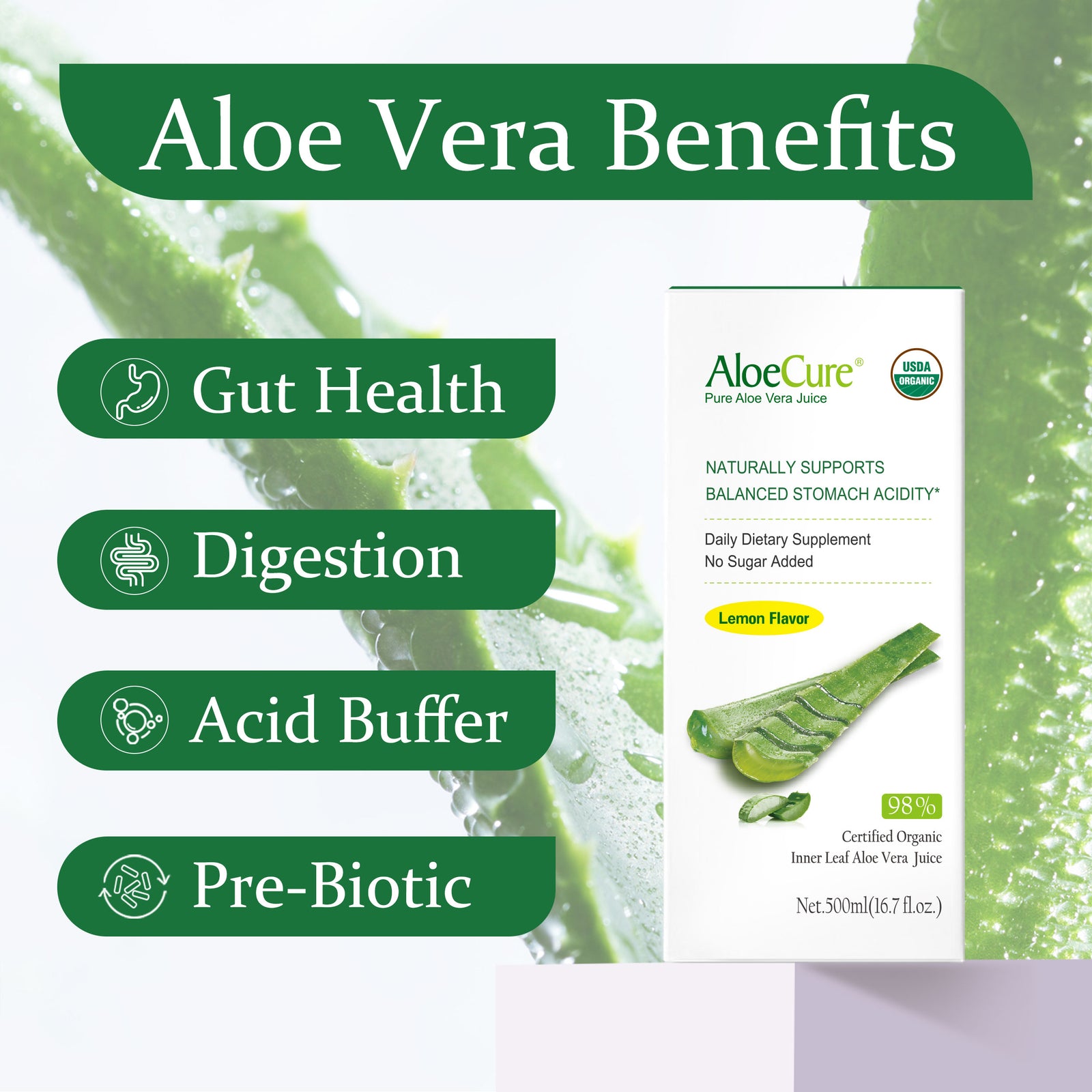 Pure Aloe Vera Juice Lemon Flavor - USDA Certified Organic - AloeCure