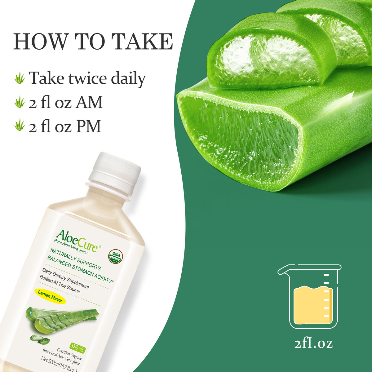 Jugo puro de aloe vera con sabor a limón - Certificado orgánico por el USDA