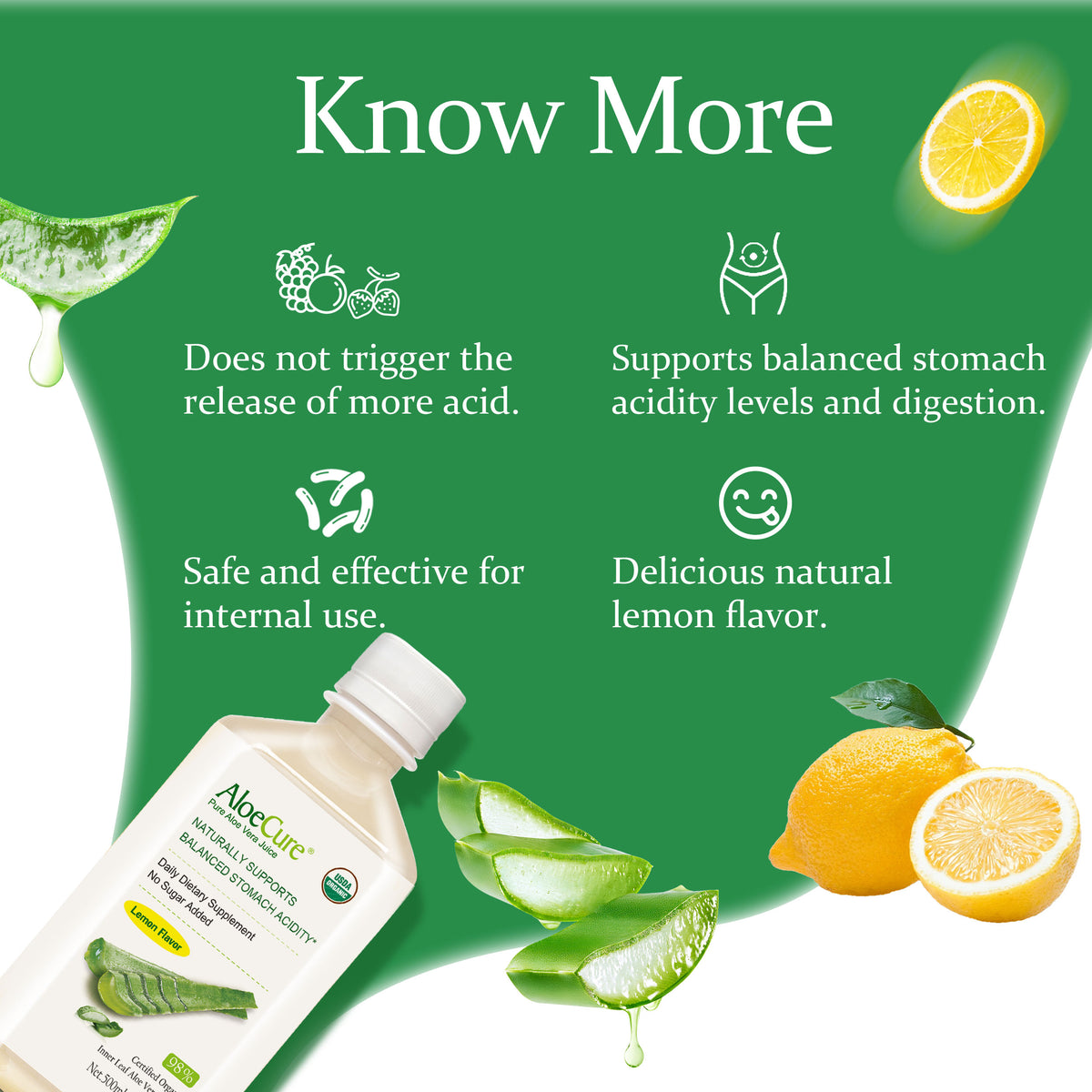 Jugo puro de aloe vera con sabor a limón - Certificado orgánico por el USDA