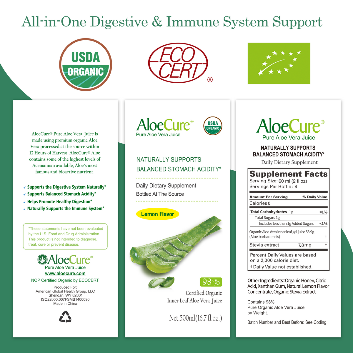 Jugo puro de aloe vera con sabor a limón - Certificado orgánico por el USDA