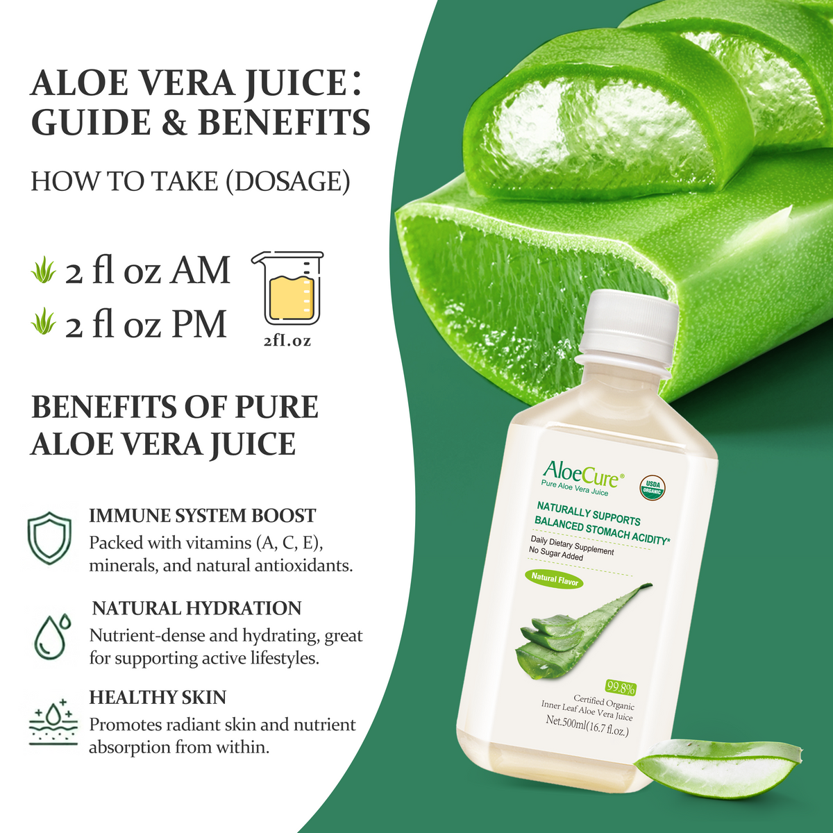 Pure Aloe Vera Juice Natural Flavor - USDA Certified Organic