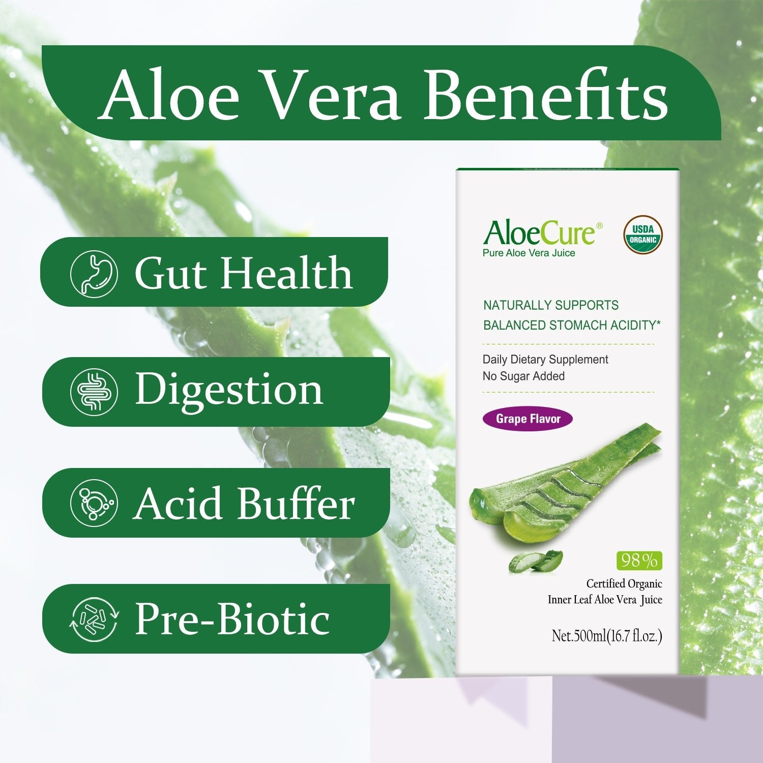 Pure Aloe Vera Juice Grape Flavor - USDA Certified Organic - AloeCure