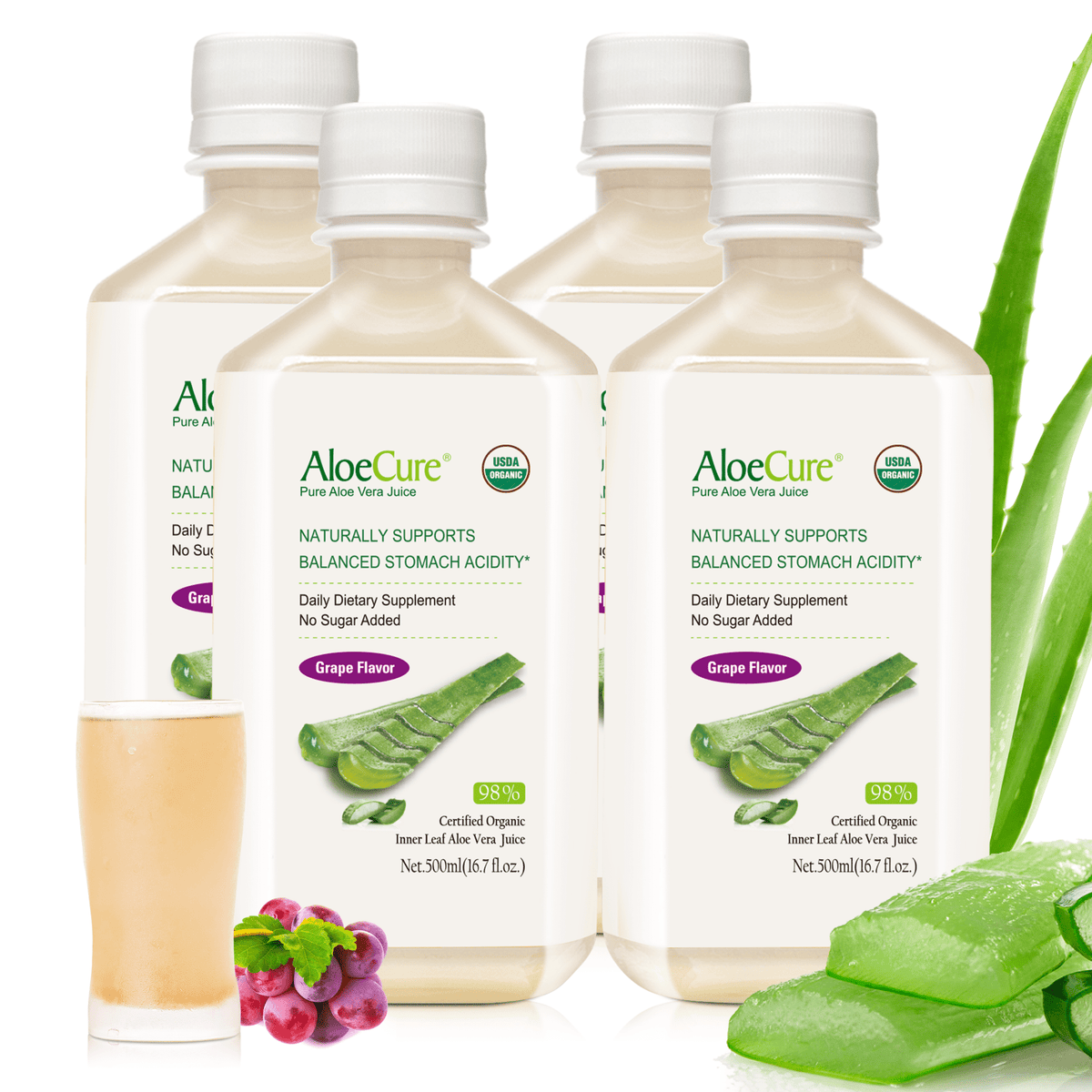 Pure Aloe Vera Juice Grape Flavor - USDA Certified Organic - AloeCure