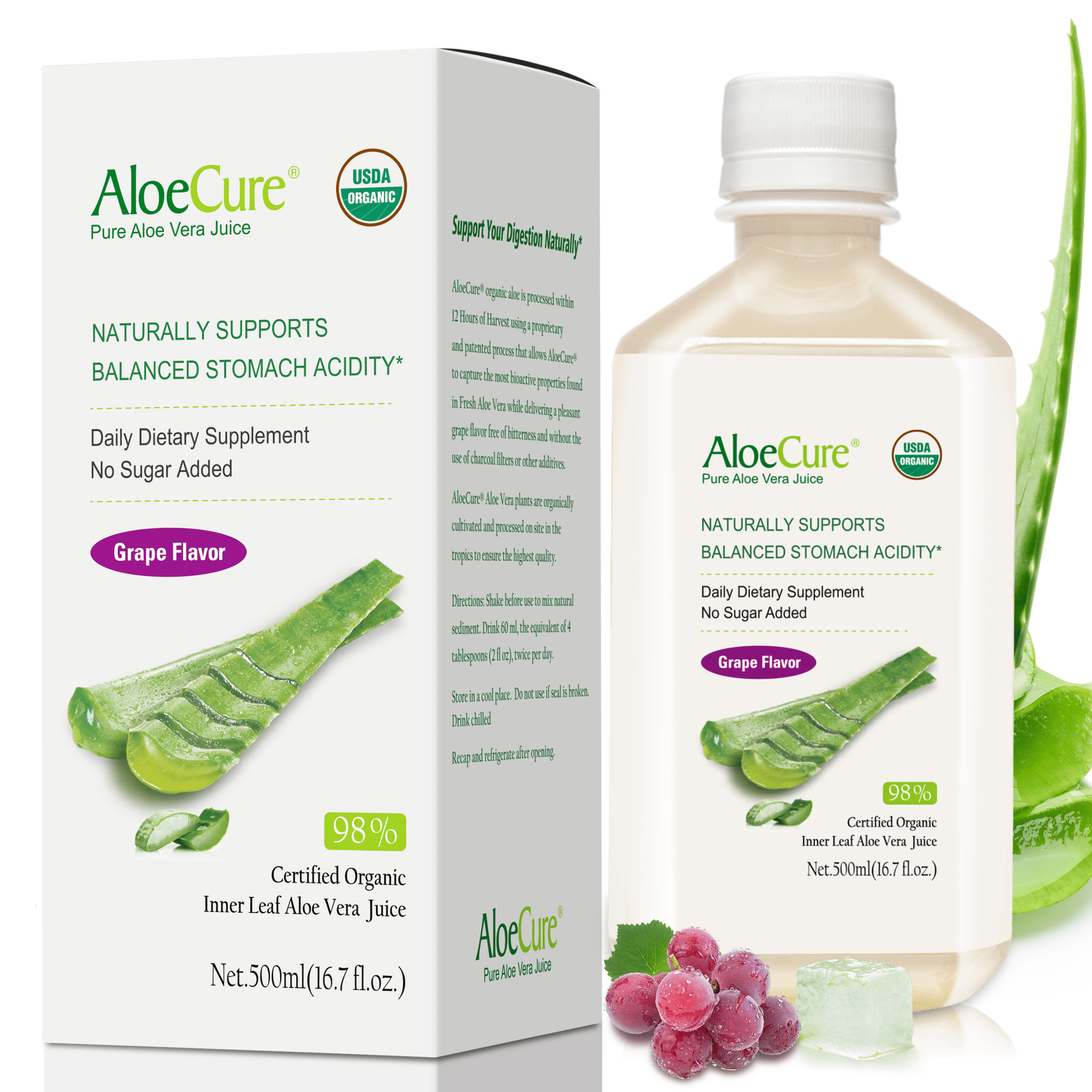 Pure Aloe Vera Juice Grape Flavor - USDA Certified Organic - AloeCure