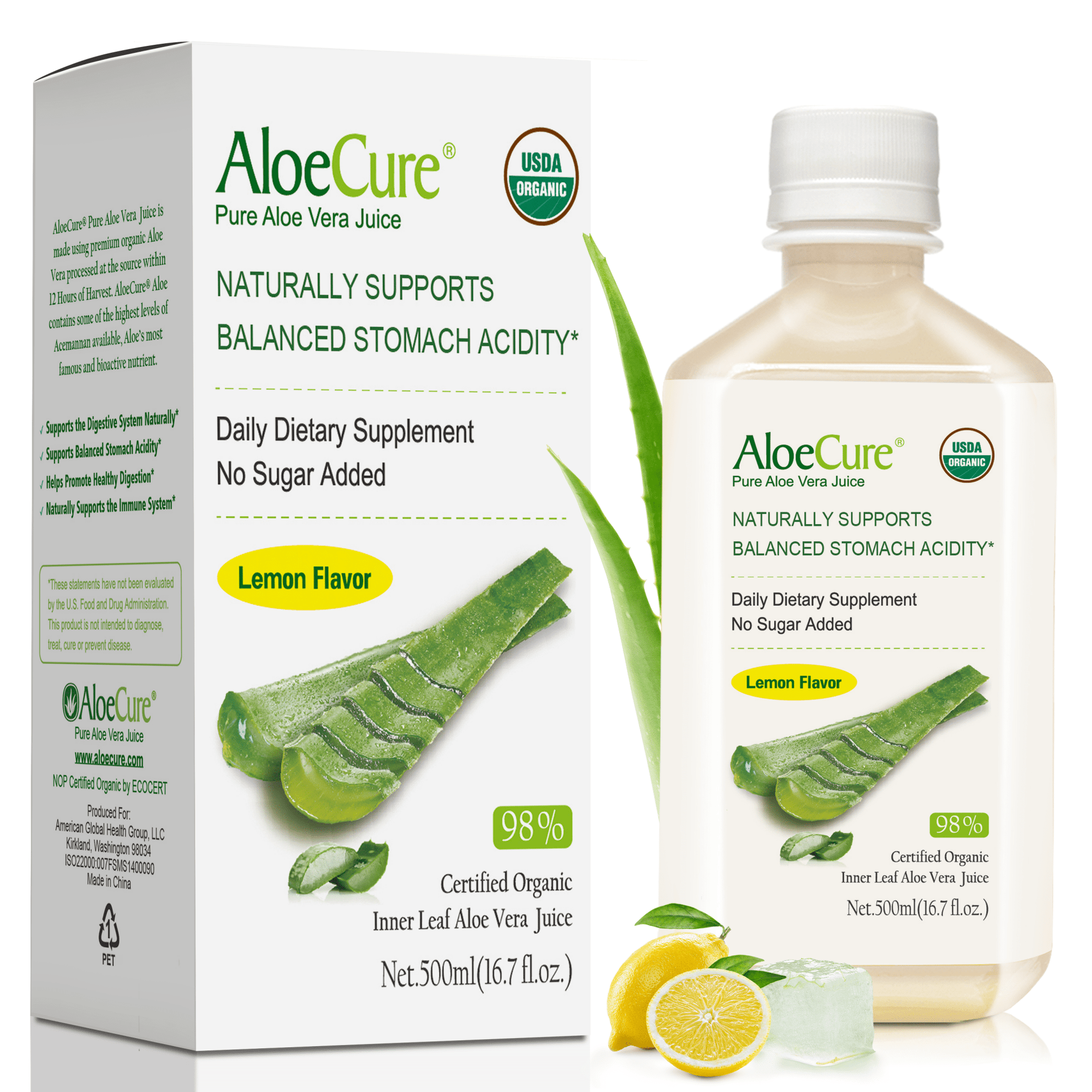 Pure Aloe Vera Juice Lemon Flavor - USDA Certified Organic - AloeCure