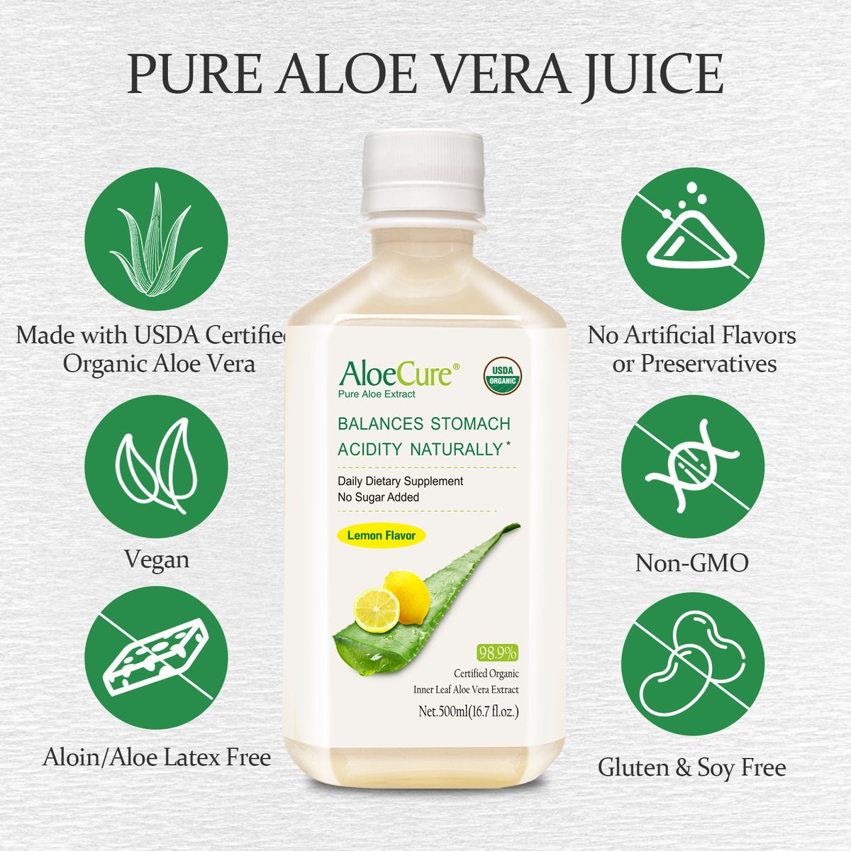 Pure Aloe Vera Juice Lemon Flavor - USDA Certified Organic - AloeCure