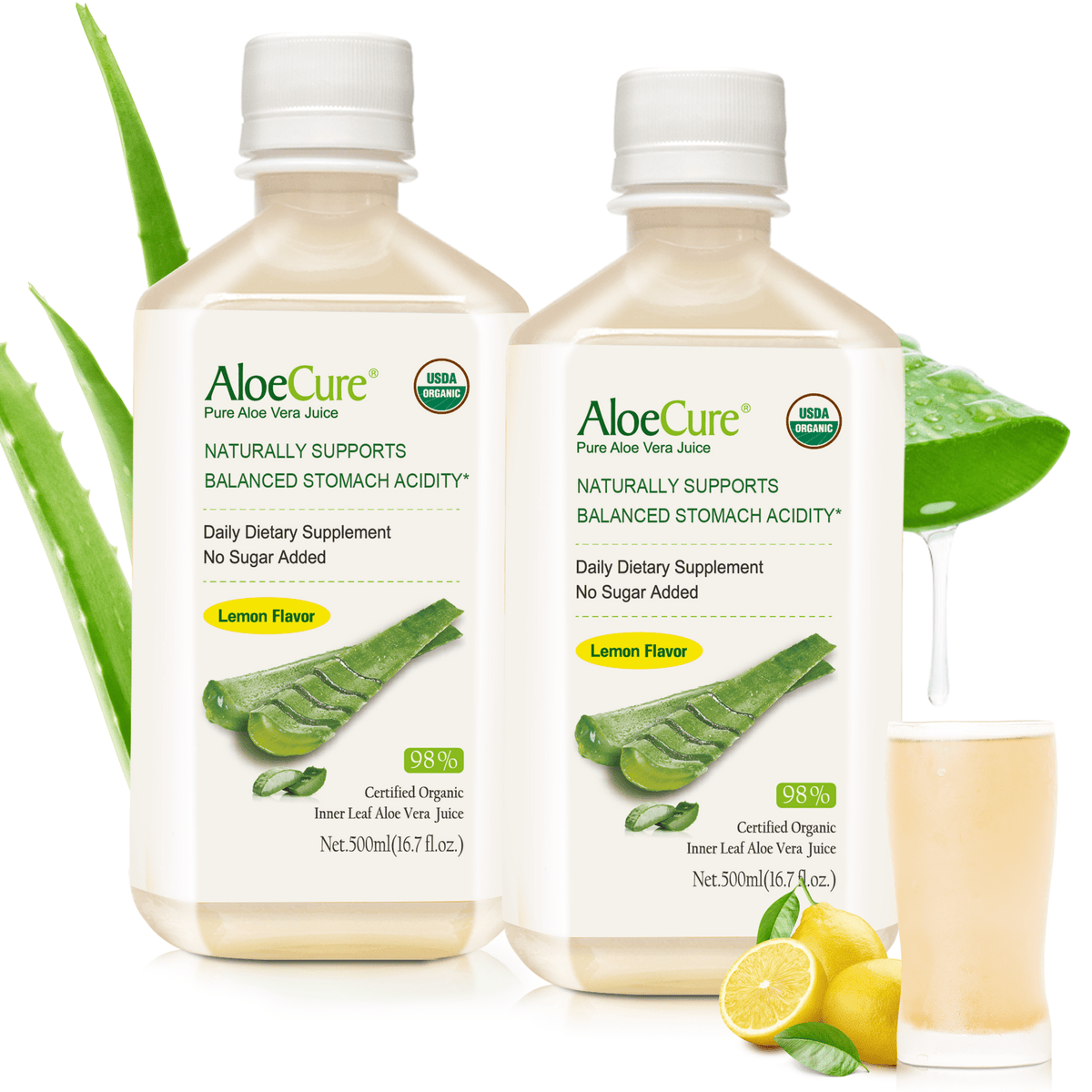 Pure Aloe Vera Juice Lemon Flavor - USDA Certified Organic - AloeCure