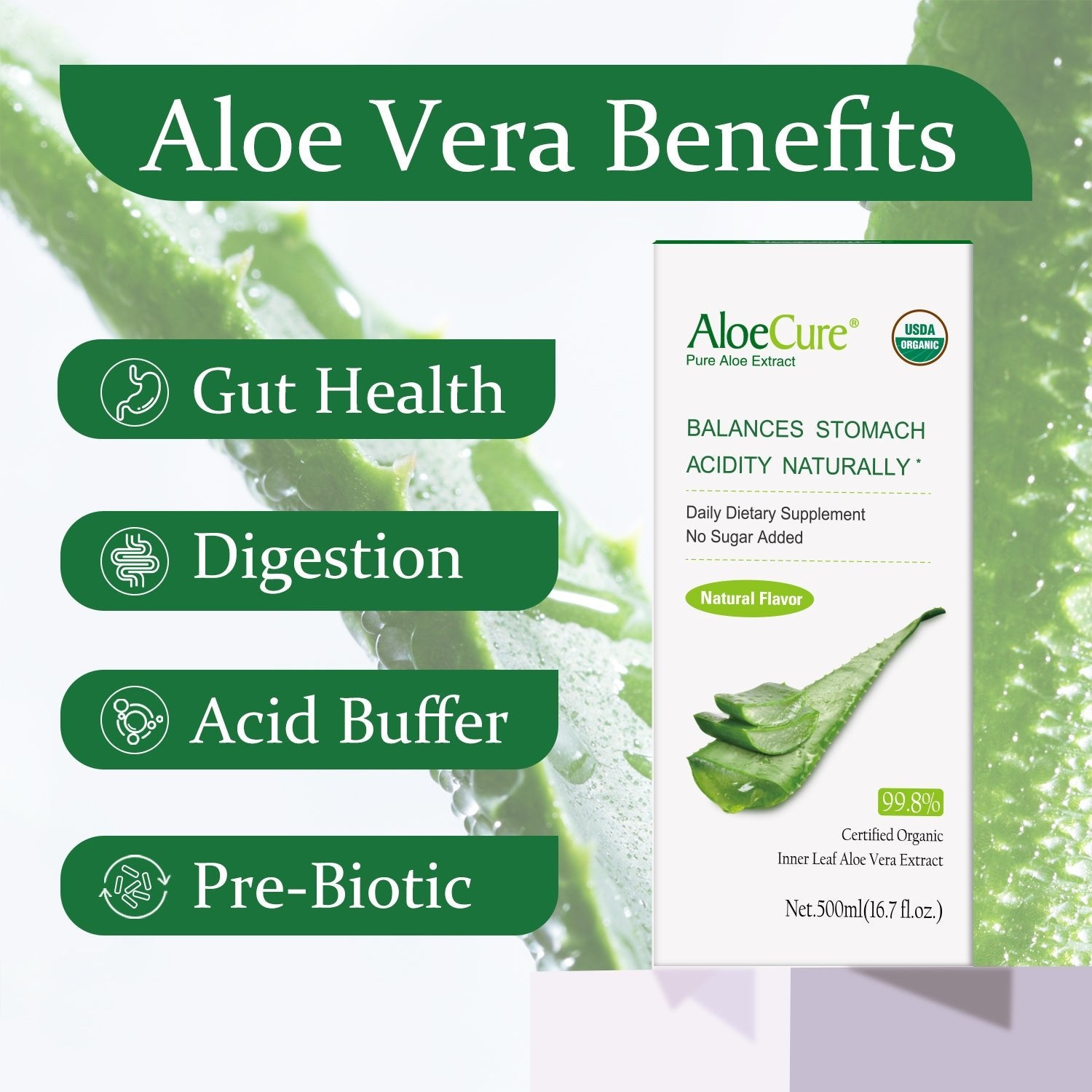 Pure Aloe Vera Juice Natural Flavor - USDA Certified Organic - AloeCure
